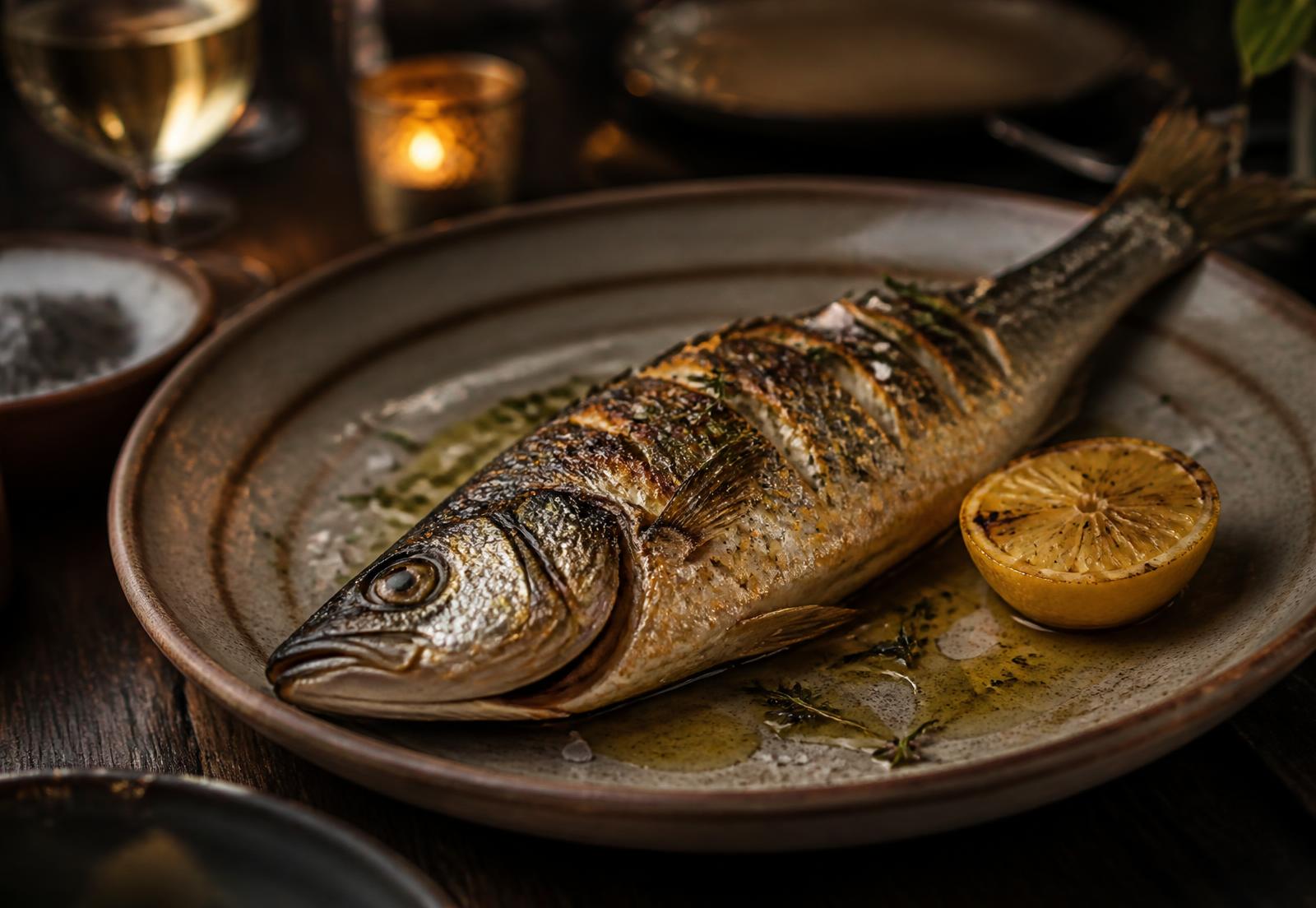 Pescado a la plancha con limón servido en El Poli, Águilas